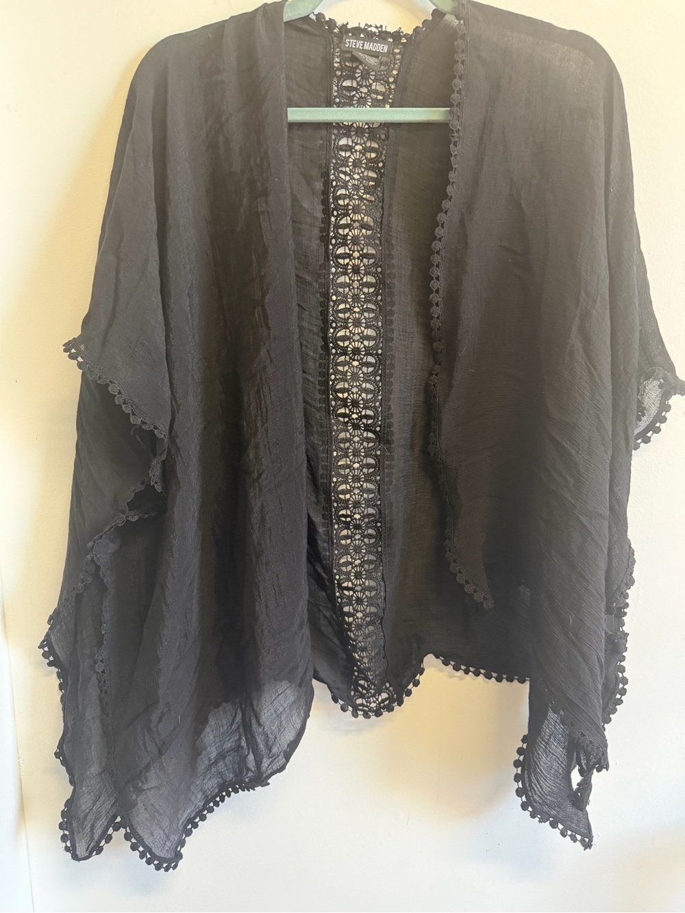 Steve Madden Black Lace Trim Sheer Kimono Cover Up One Size Boho Festival